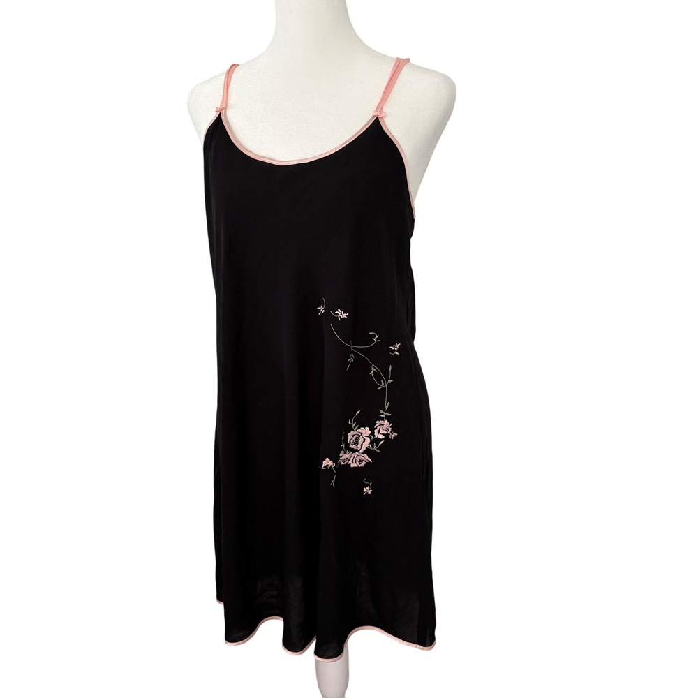 Oscar de la Renta Pink Label Black Floral Embroidered Slip Dress Size M Y2K Vtg‎
